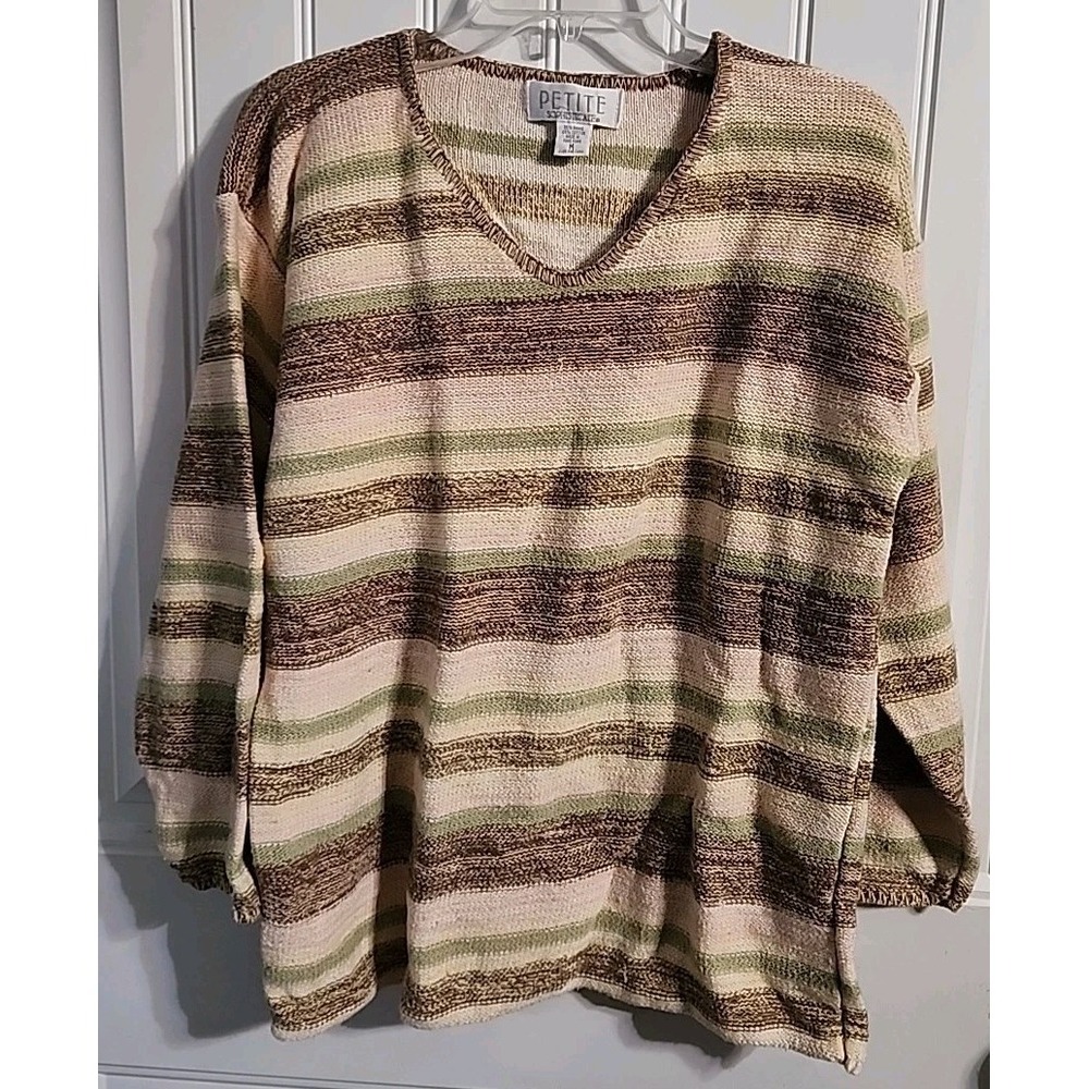 Petite Sophisticate Vintage Pullover Sweater V-neck Muted Stripes Long Sleeves M
